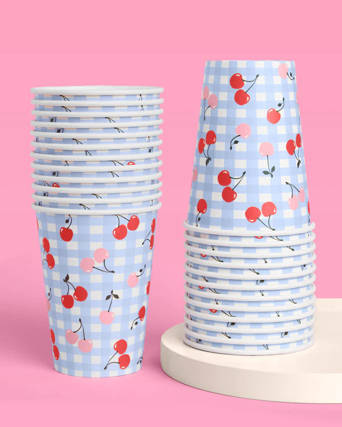 Blue Gingham Cherry Cups – Cute & Fun Disposable Party Cups for Any Occasion!