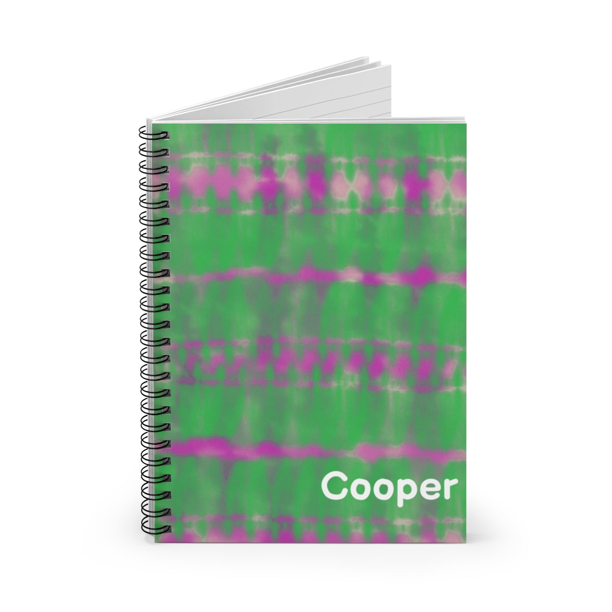 Personalized green tie-dye journal with custom font and color. Features 118 ruled pages, metal spiral binding, and measures 6" x 8" (15.2 x 20.3 cm) Ideal for adding a unique touch to your writing.