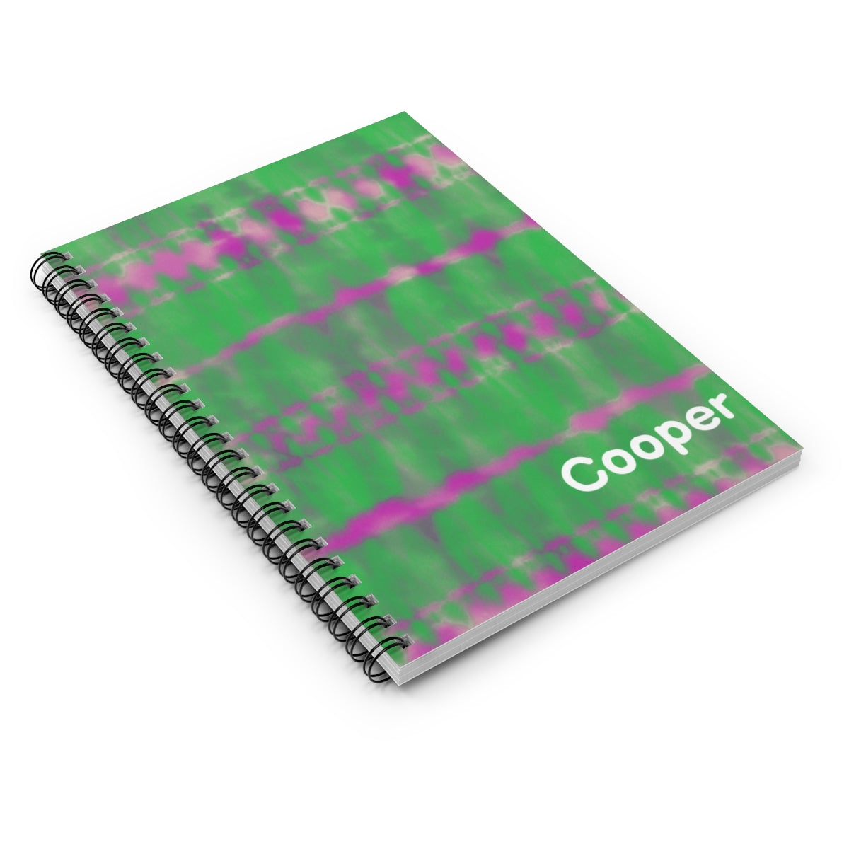 Personalized green tie-dye journal with custom font and color. Features 118 ruled pages, metal spiral binding, and measures 6" x 8" (15.2 x 20.3 cm) Ideal for adding a unique touch to your writing.