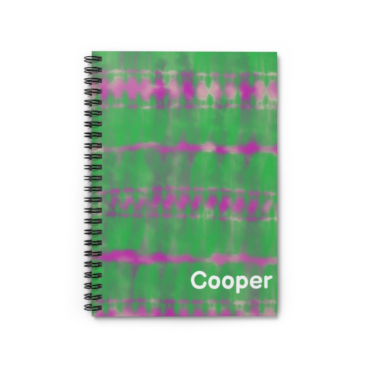 Personalized green tie-dye journal with custom font and color. Features 118 ruled pages, metal spiral binding, and measures 6" x 8" (15.2 x 20.3 cm) Ideal for adding a unique touch to your writing.