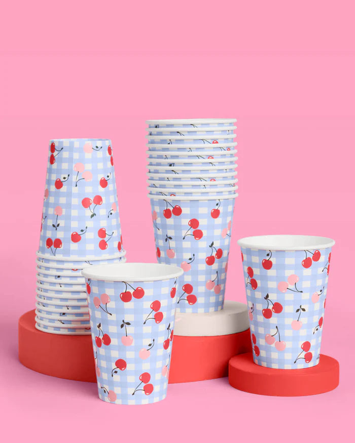 Juicy Cherry Party Cups – 24-Pack of Blue Gingham Disposable Cups for Festive Fun!