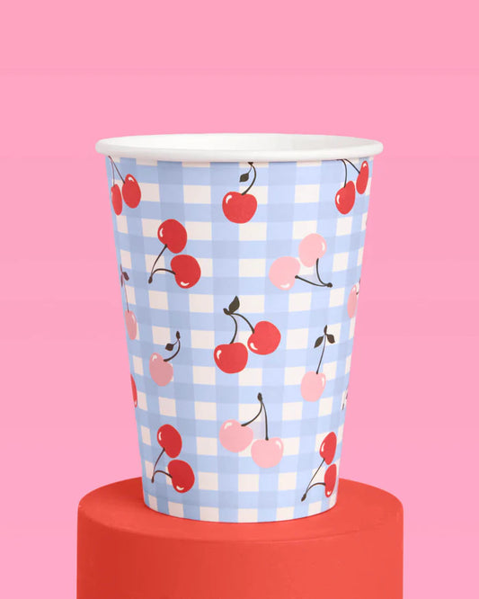 Cherry Paper Cups – 12oz Blue Gingham Party Cups (Set of 24)