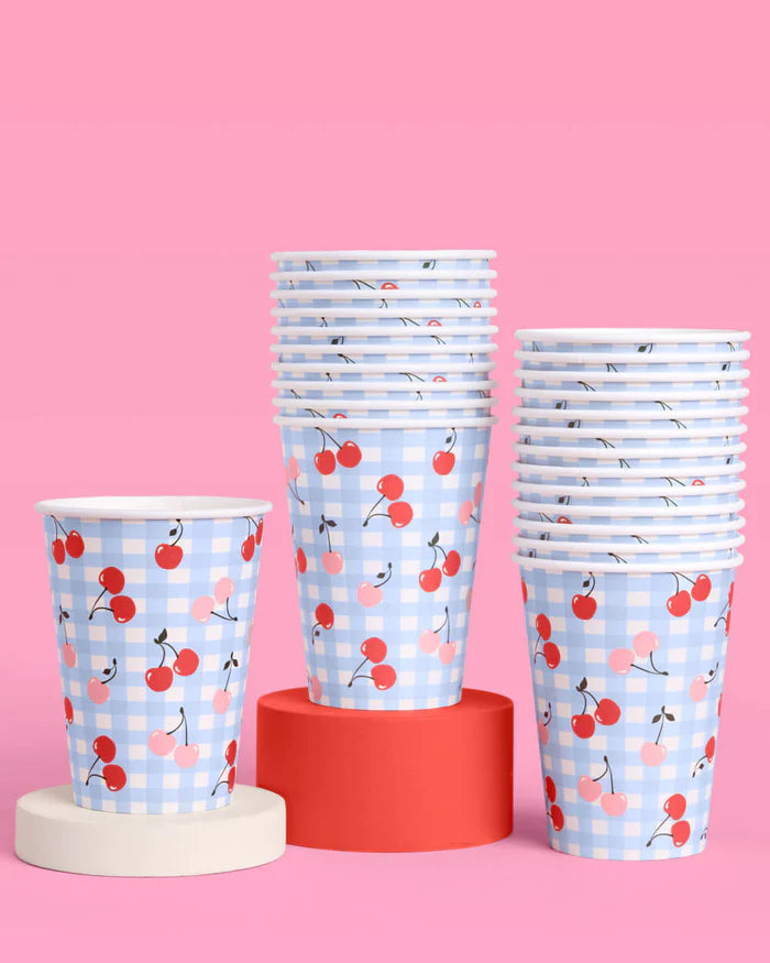 Scalloped Cherry Paper Cups – Adorable Blue Gingham Party Cups (Pack of 24)