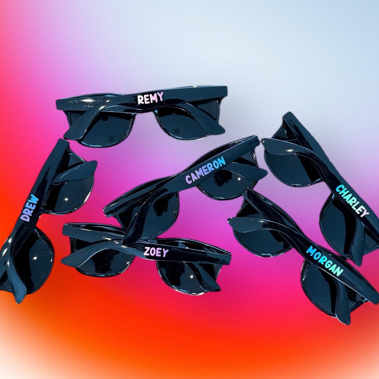 Customizable shades with names and hashtags for weddings, birthdays, and beach parties.