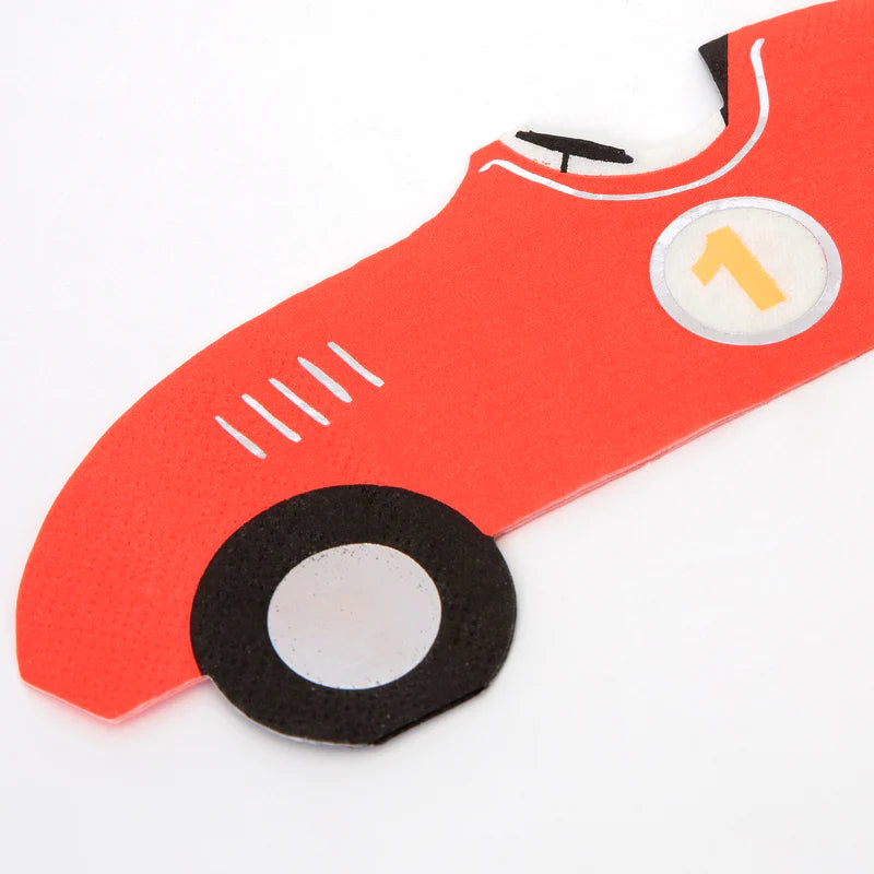 Neon race car party napkins with shiny silver foil, 16 in a pack, 8"x3.5" folded size