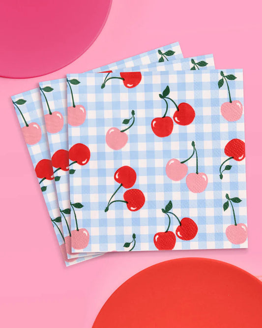 Cherry Cocktail Napkins – 25-Pack, Blue Gingham with Red & Pink Cherries
