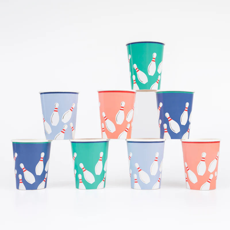 Bowling paper cups 9oz, 4 colors with gold foil, perfect for parties and bowling themes