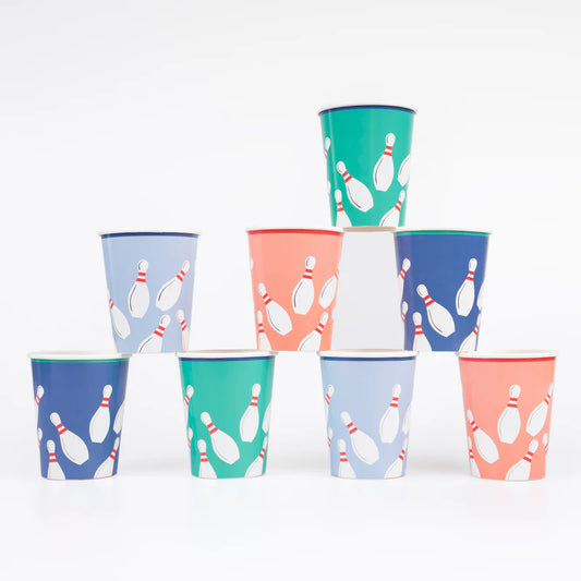 Bowling paper cups 9oz, 4 colors with gold foil, perfect for parties and bowling themes