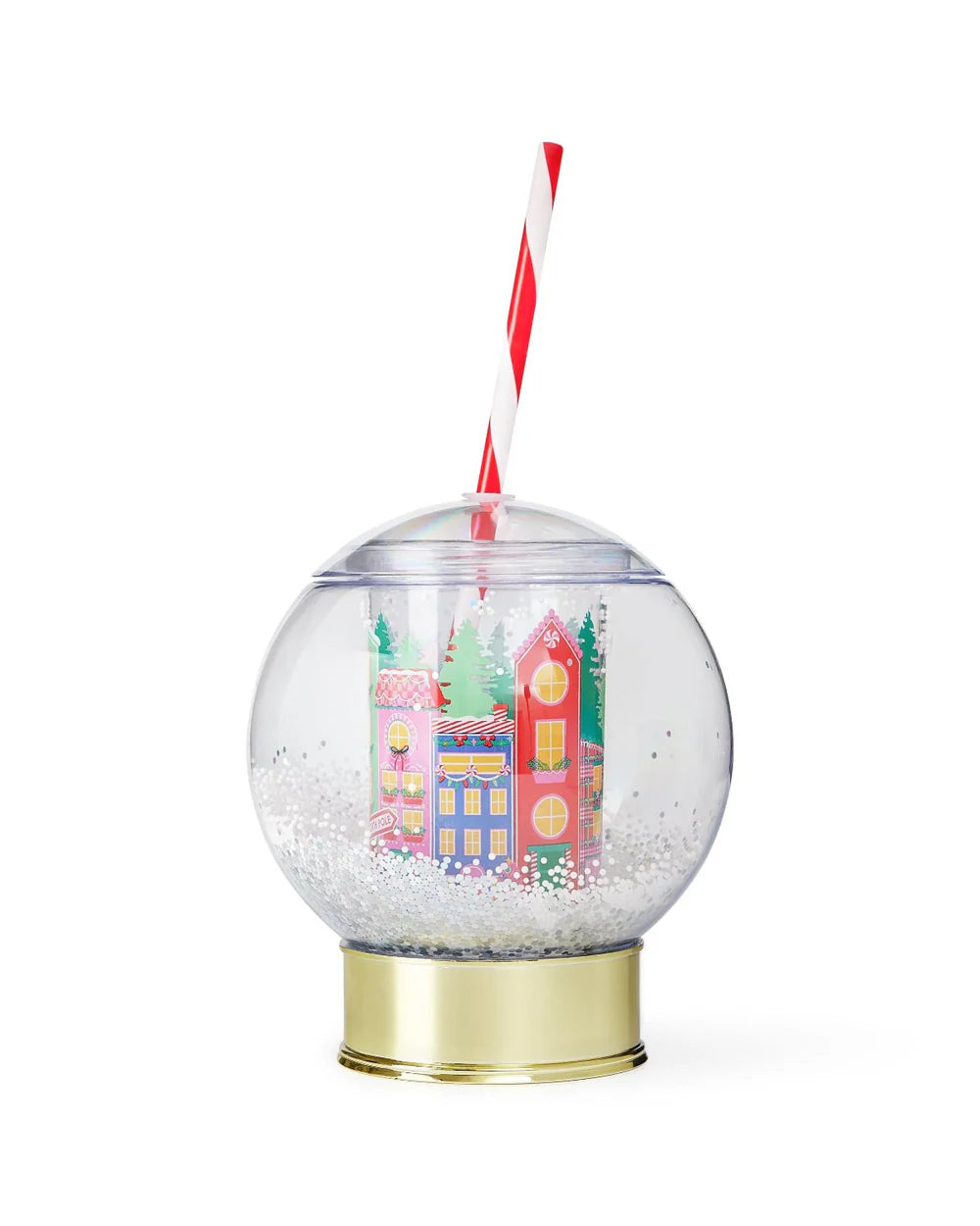 Shake up your holiday drinks with this 12 oz snow globe-shaped cup, featuring a holiday village and shakeable confetti. Perfect for festive parties or as a unique gift. BPA-free and hand wash only. Dimensions: 10.5" x 5" x 5" (including straw).