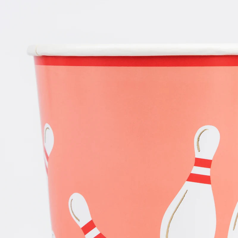 9oz bowling cups in blue, green, coral, with gold foil, great for retro or sporty events
