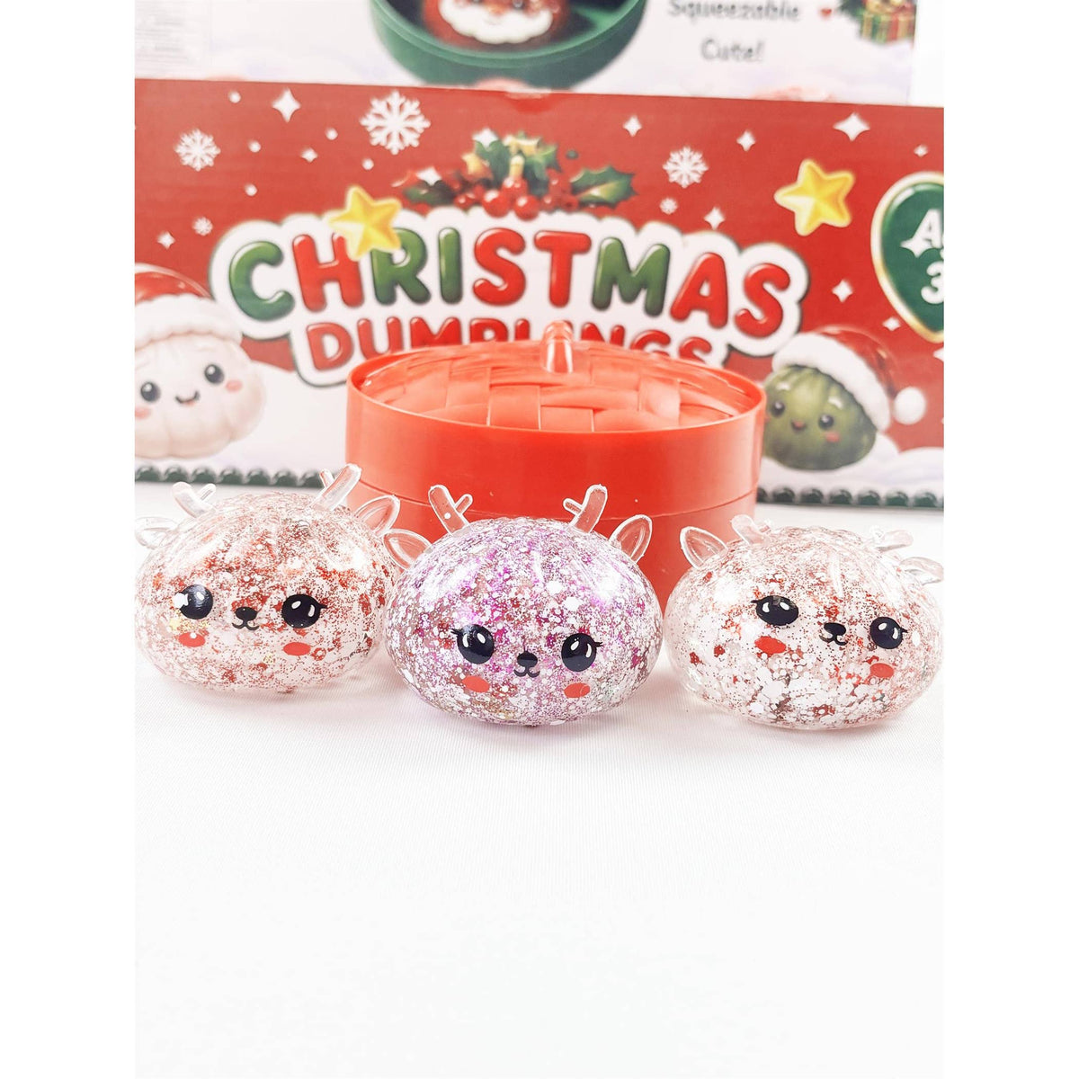 "Holiday Dim Sum" 🥟 Christmas Glitter Dumpling Squishy Toys (12 Steamers) by Love and Repeat