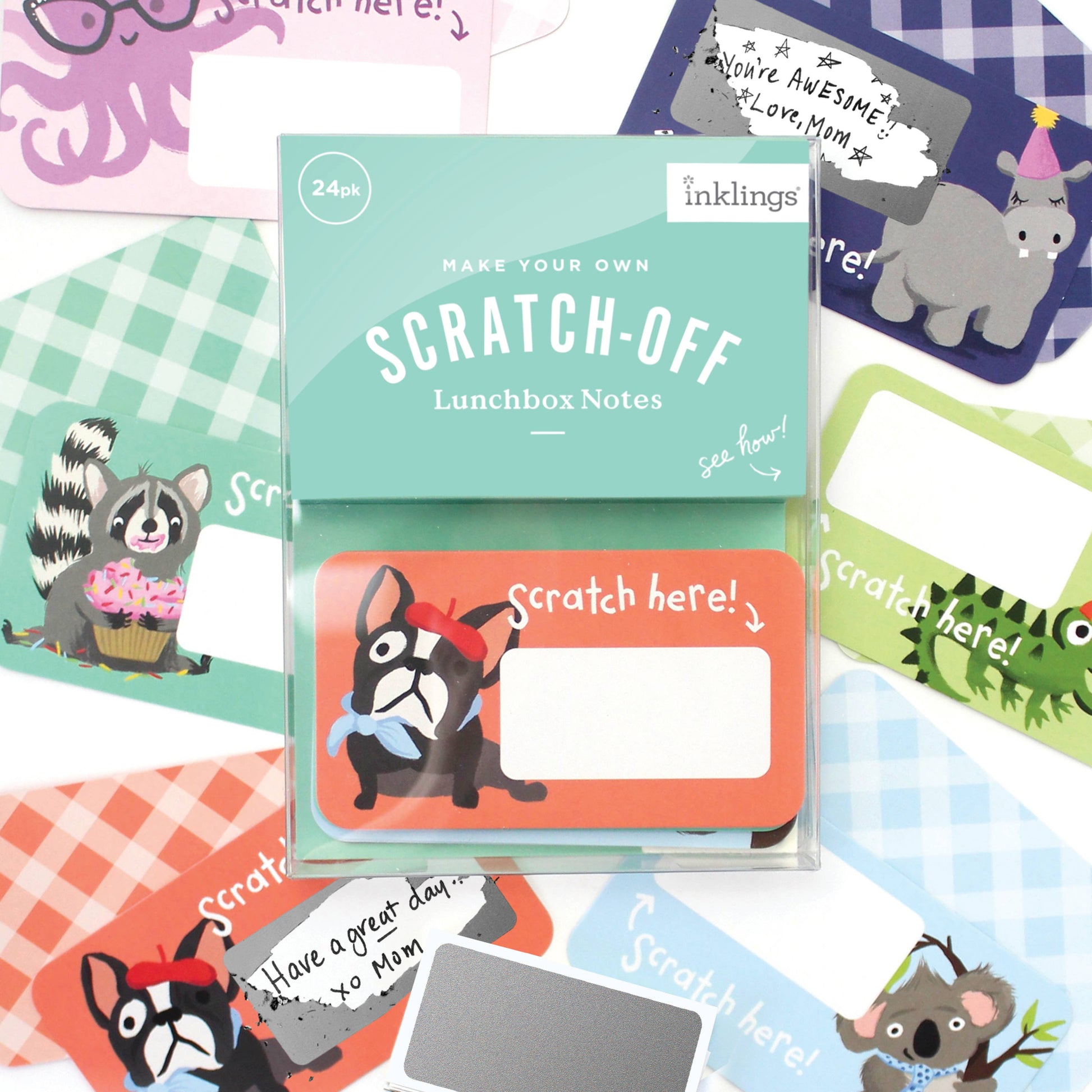 Set of 24 assorted scratch-off lunchbox notes measuring 2” x 3.5”, featuring six different animated animal friends designs. Each card allows you to write a personalized message in the blank space, which is then covered with a scratch-off sticker for a fun reveal. Perfect for slipping into lunch bags or coat pockets, these tiny notes come packaged in a clear plastic box, making them an ideal surprise for someone special. 