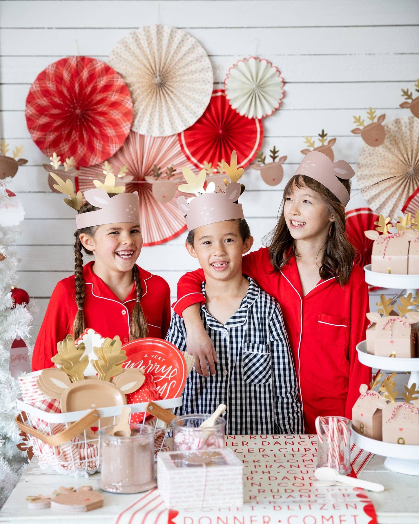 Whimsical reindeer party hats with gold foil accents, 8 adjustable hats for holiday fun