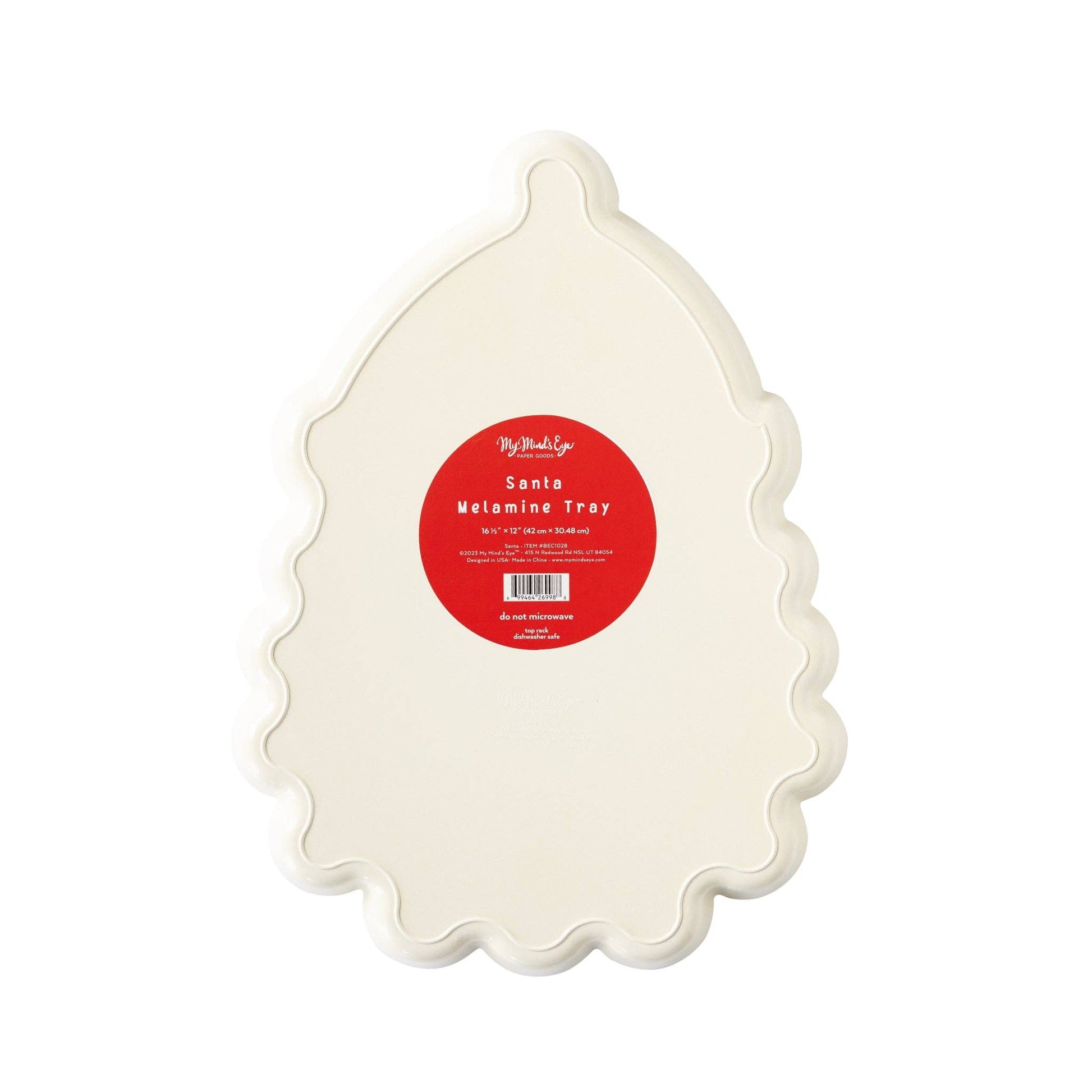Santa melamine platter, perfect for Christmas parties and holiday treats. Santa head shaped, 12" x 16.5", food-safe, dishwasher safe, eco-friendly, and sustainable. Ideal for serving cocoa and spreading holiday cheer.
