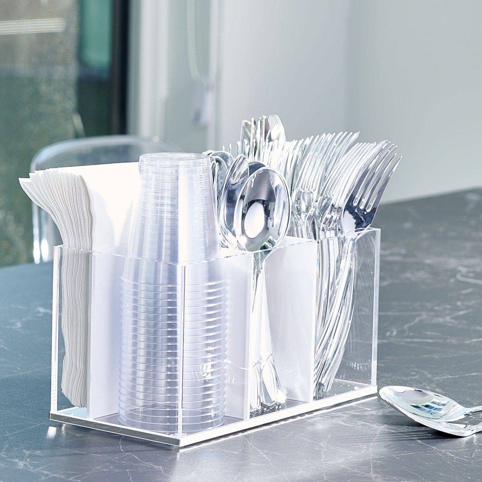 Elegant Classic Silverware Caddy with clear lucite, gold or silver border, 3 compartments.