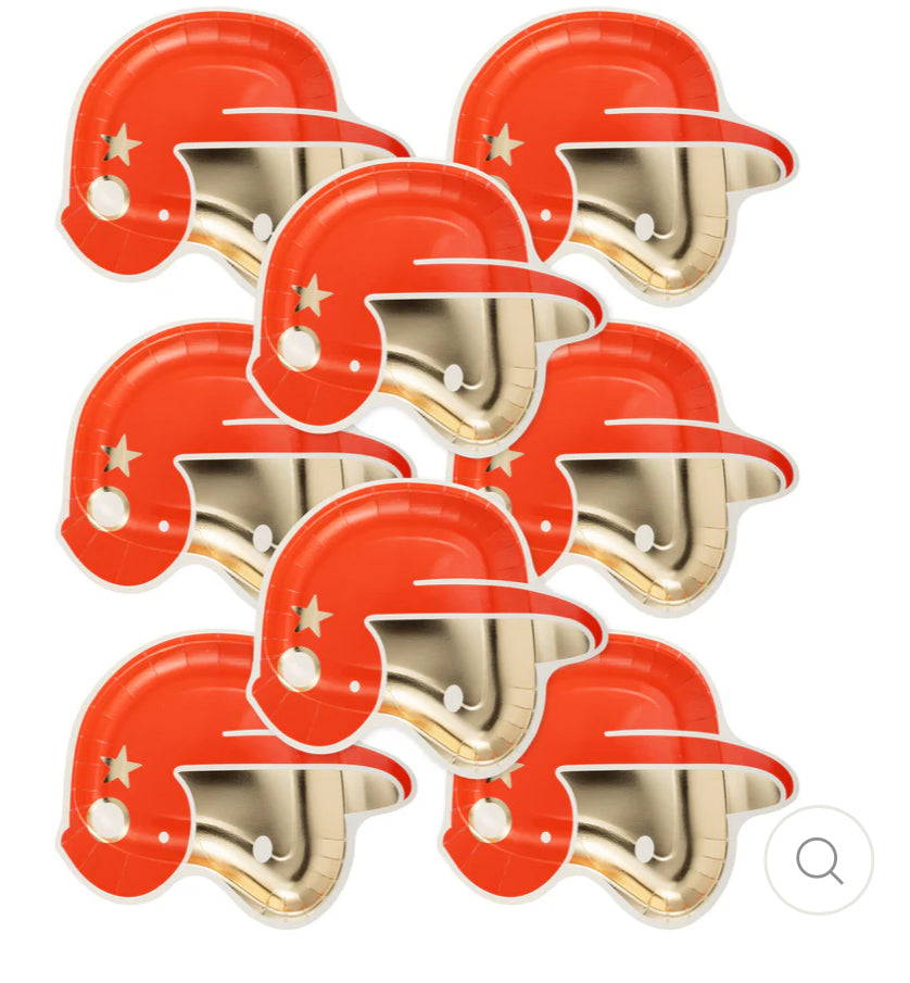 Set of 8 Baseball Helmet Paper Plates, 10" x 8.5", perfect for game day parties. Helmet-shaped design with gold foil accents adds a fun and playful touch for serving snacks, burgers, and more. Ideal for sports-themed events and baseball parties.
