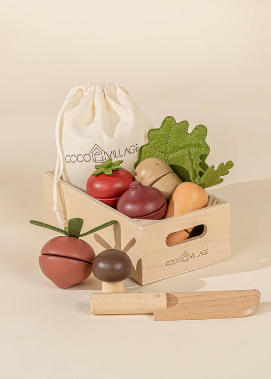 Wooden market basket playset with 7 sliceable veggies & knife for pretend play fun. Great for kids!