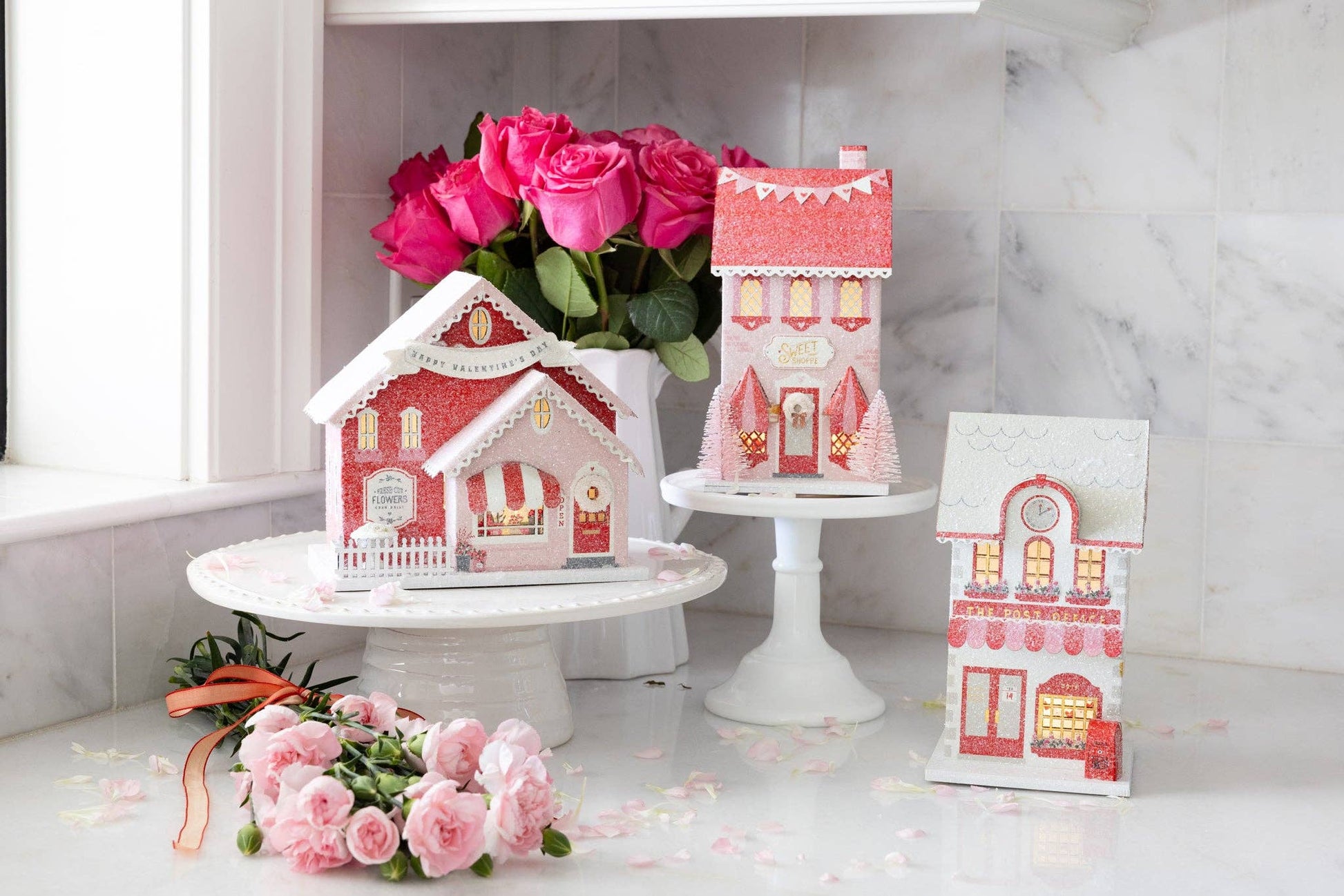 Valentine mantel decor with light up flower shop
