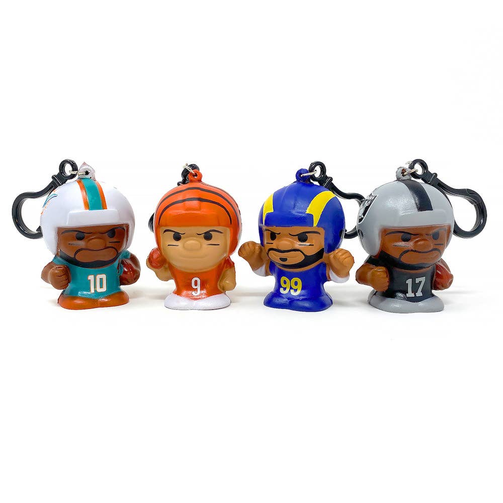 SqueezyMates NFL Series 7 with top star players in squishy Slo-Foam material, carabiner clip, and random collectible figures, including rare exclusives.