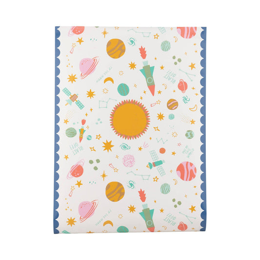 Space-themed paper table runner, 16 x 120 inches, perfect for galaxy and cosmic parties.