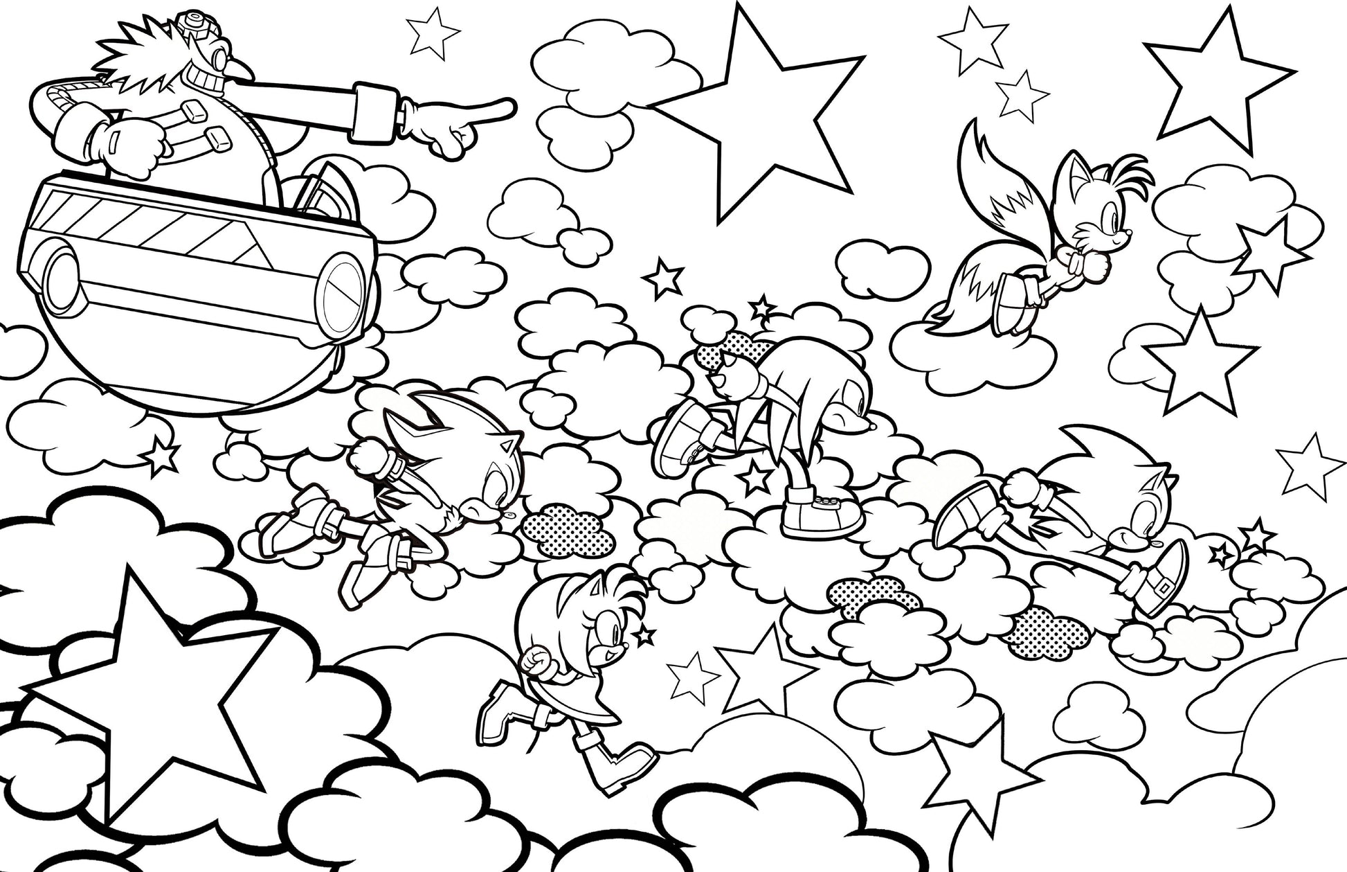 Coloring pages featuring Sonic, Tails, and Knuckles