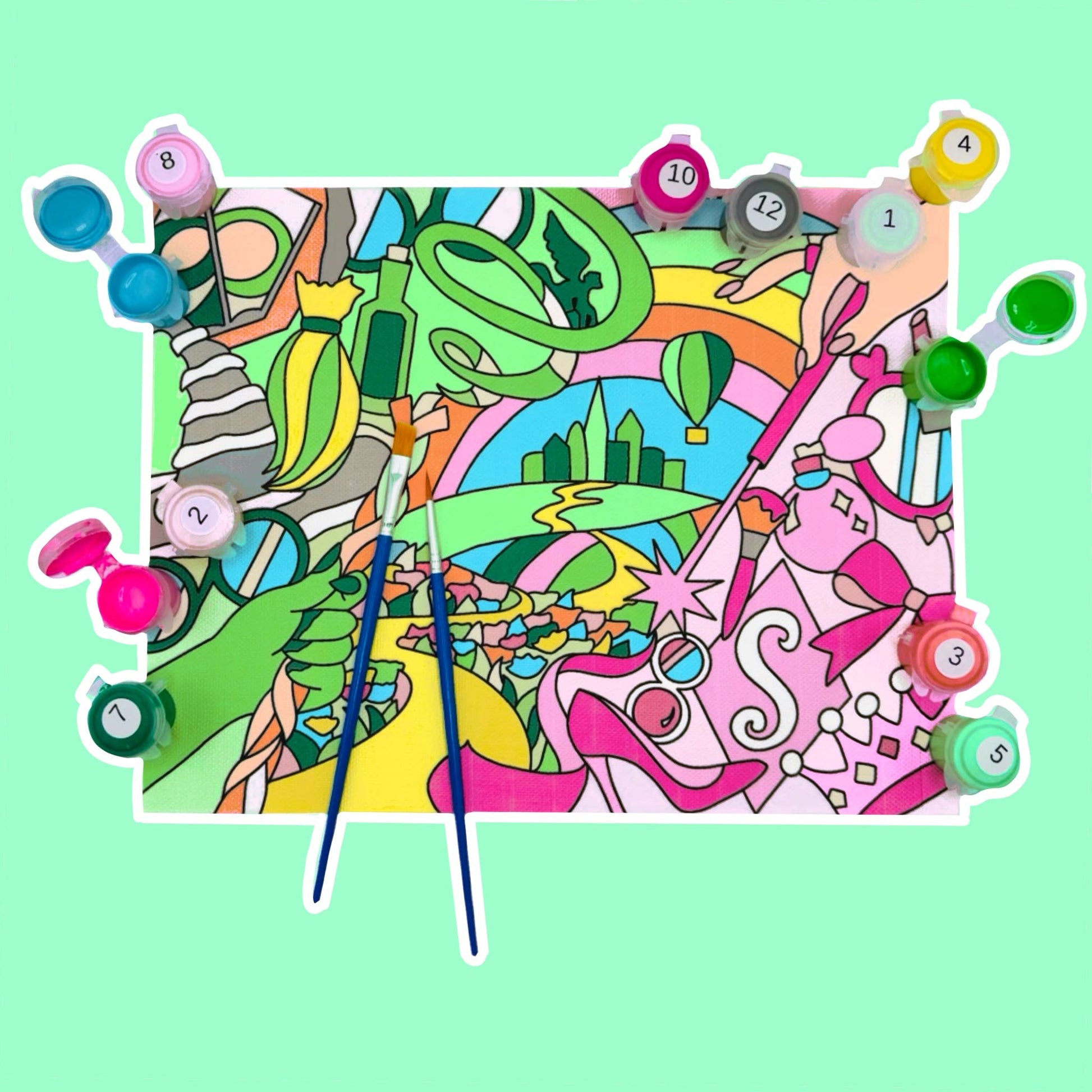 Colorful abstract design with numbers on a light green background
