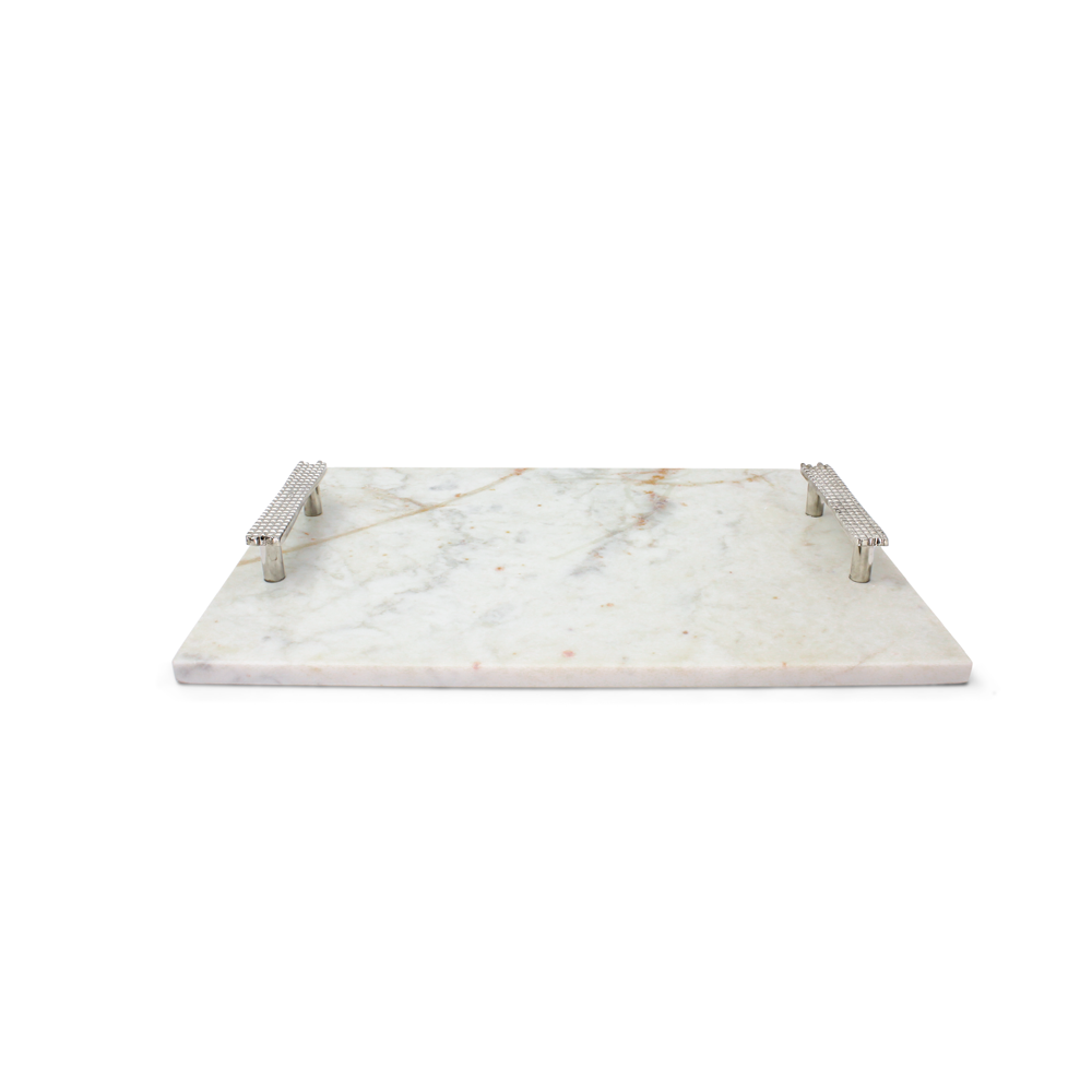 Marble Challah Board Beaded Handles and Knife: Gold