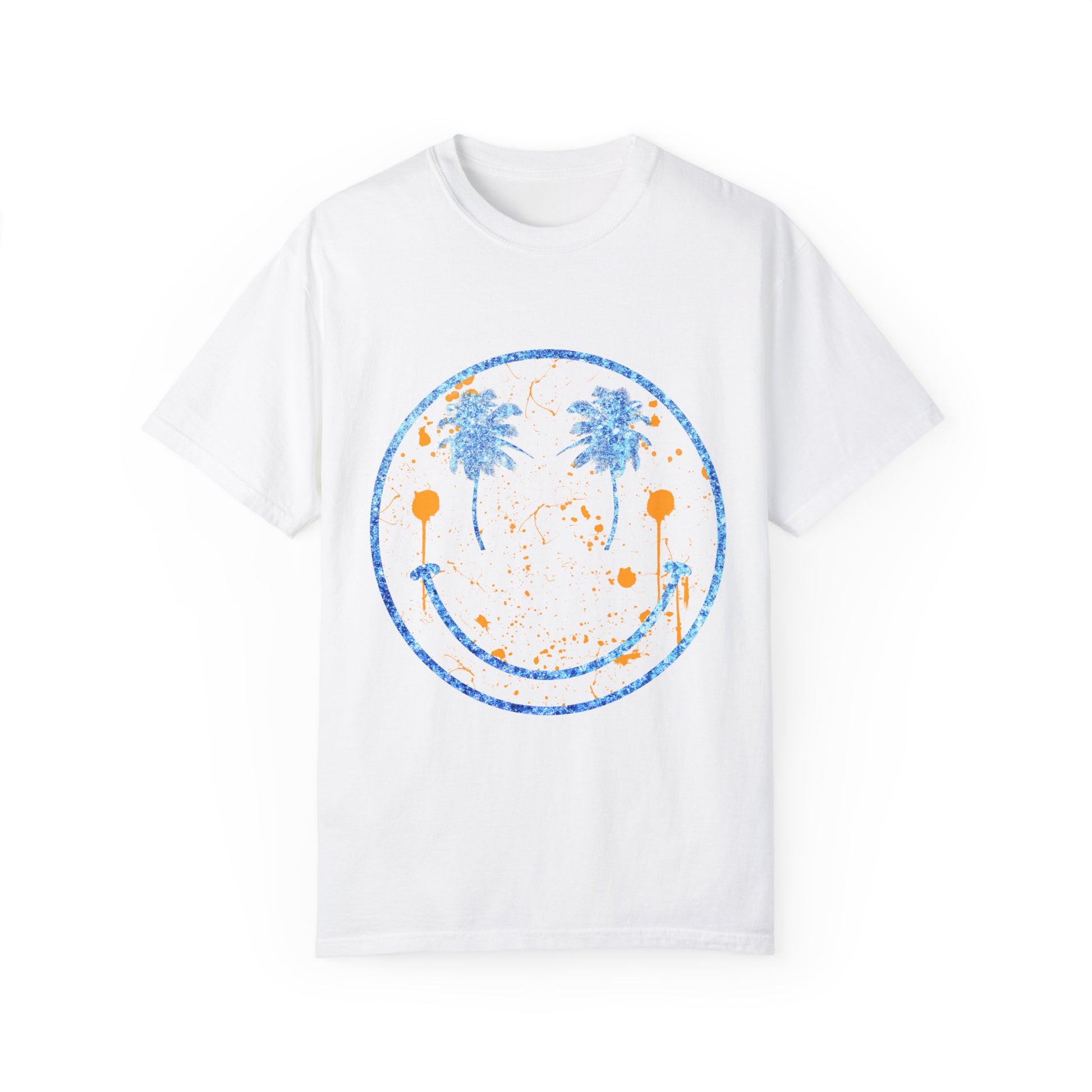 "Embrace summer vibes with our 90s Aesthetic Happy Face Paint Splatter Shirt, featuring a nostalgic design with palm tree eyes. This trendy unisex cotton tee is perfect for beach days, music festivals, and pool parties. Made from soft-washed ring-spun cotton, it offers a comfortable and relaxed fit, ideal for all-day wear. Get ready to shine in this retro-inspired shirt, designed for men, women, and teens!