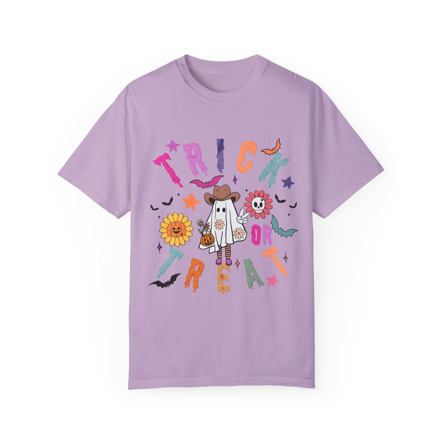 Trick or Treat Cowboy Ghost shirt featuring a playful cowboy ghost design and melty font. Available in unisex sizes S-3XL, this ultra-soft, garment-dyed 100% ring-spun cotton t-shirt is perfect for Halloween celebrations for adults and teens.