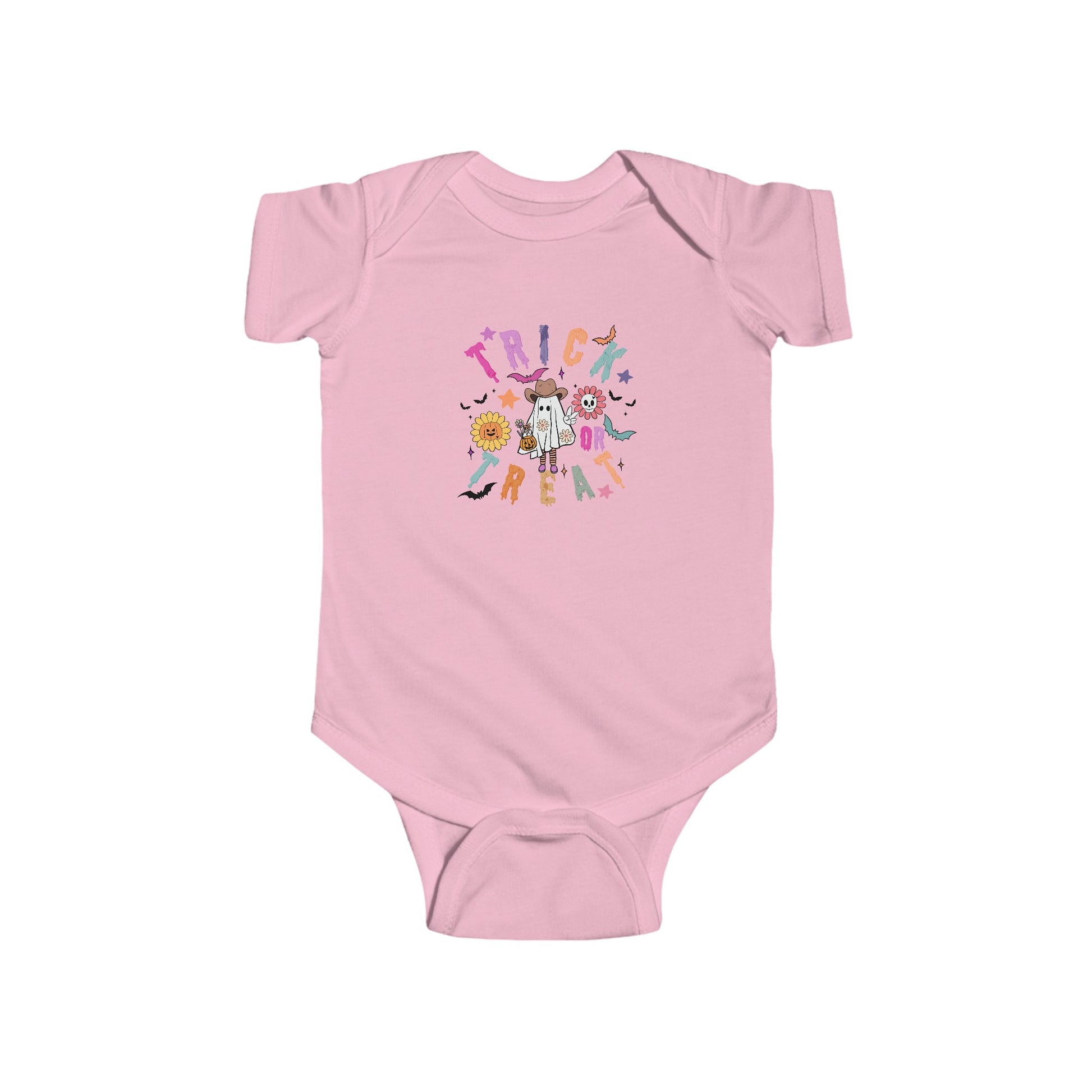 Trendy Cowboy Ghost Trick or Treat baby onesie featuring a cute ghost in a cowboy outfit holding a candy bag. Made from 100% combed ringspun cotton, this short-sleeved bodysuit is comfortable, lightweight, and perfect for baby boys or girls aged 6M-24M.