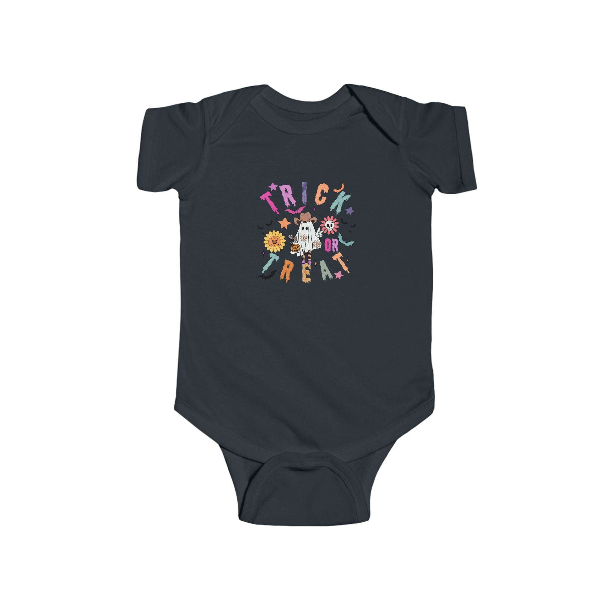 Trendy Cowboy Ghost Trick or Treat baby onesie featuring a cute ghost in a cowboy outfit holding a candy bag. Made from 100% combed ringspun cotton, this short-sleeved bodysuit is comfortable, lightweight, and perfect for baby boys or girls aged 6M-24M.