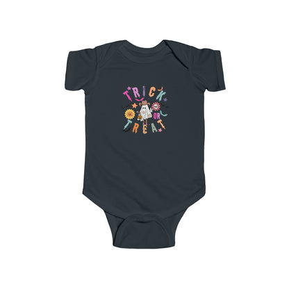Trendy Cowboy Ghost Trick or Treat baby onesie featuring a cute ghost in a cowboy outfit holding a candy bag. Made from 100% combed ringspun cotton, this short-sleeved bodysuit is comfortable, lightweight, and perfect for baby boys or girls aged 6M-24M.
