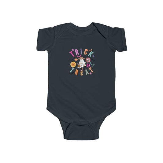 Trendy Cowboy Ghost Trick or Treat baby onesie featuring a cute ghost in a cowboy outfit holding a candy bag. Made from 100% combed ringspun cotton, this short-sleeved bodysuit is comfortable, lightweight, and perfect for baby boys or girls aged 6M-24M.
