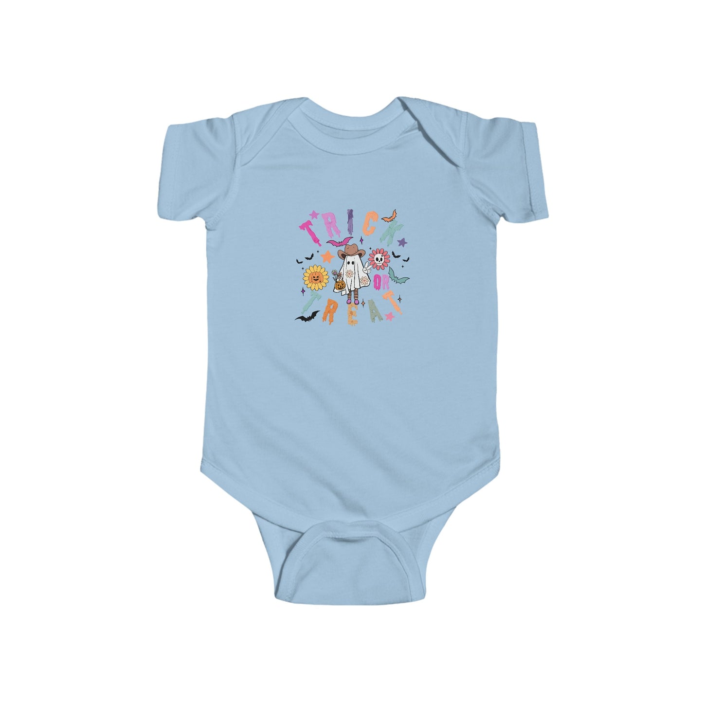 Trendy Cowboy Ghost Trick or Treat baby onesie featuring a cute ghost in a cowboy outfit holding a candy bag. Made from 100% combed ringspun cotton, this short-sleeved bodysuit is comfortable, lightweight, and perfect for baby boys or girls aged 6M-24M.