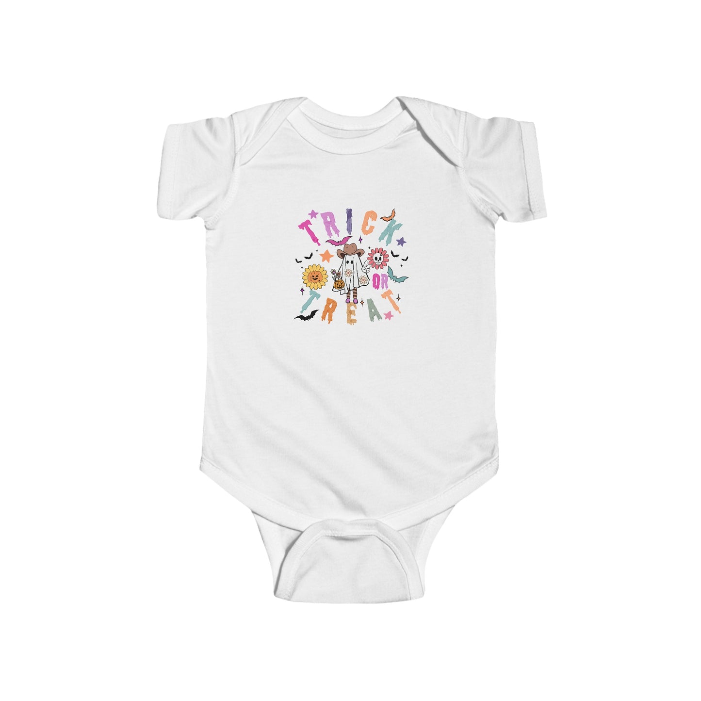 Trendy Cowboy Ghost Trick or Treat baby onesie featuring a cute ghost in a cowboy outfit holding a candy bag. Made from 100% combed ringspun cotton, this short-sleeved bodysuit is comfortable, lightweight, and perfect for baby boys or girls aged 6M-24M.