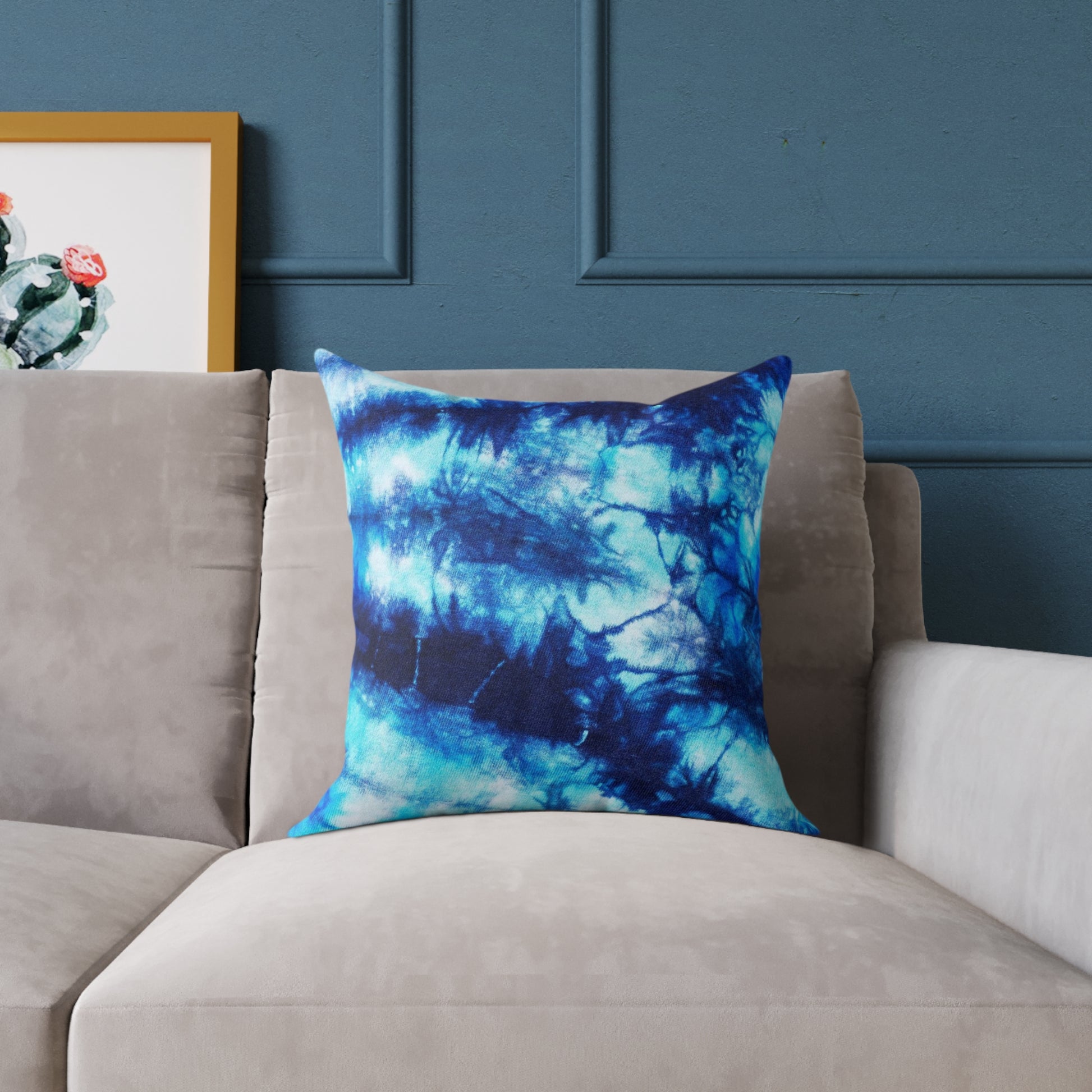 Blue Tie Dye Square Poly Canvas Pillow with a playful design, perfect for adding a pop of color to any room. Ideal for lounging or snuggling, this eye-catching pillow enhances your home decor while reflecting your unique style.