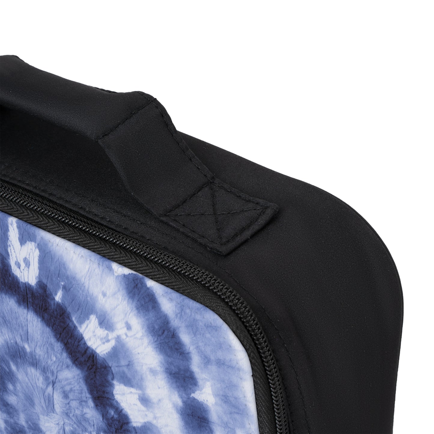 Blue tie-dye swirl insulated lunch bag for kids and teens, customizable with name, initials, or monogram. Perfect for school lunches and snacks, featuring a trendy 1990s-inspired design with easy zip closure and handles.