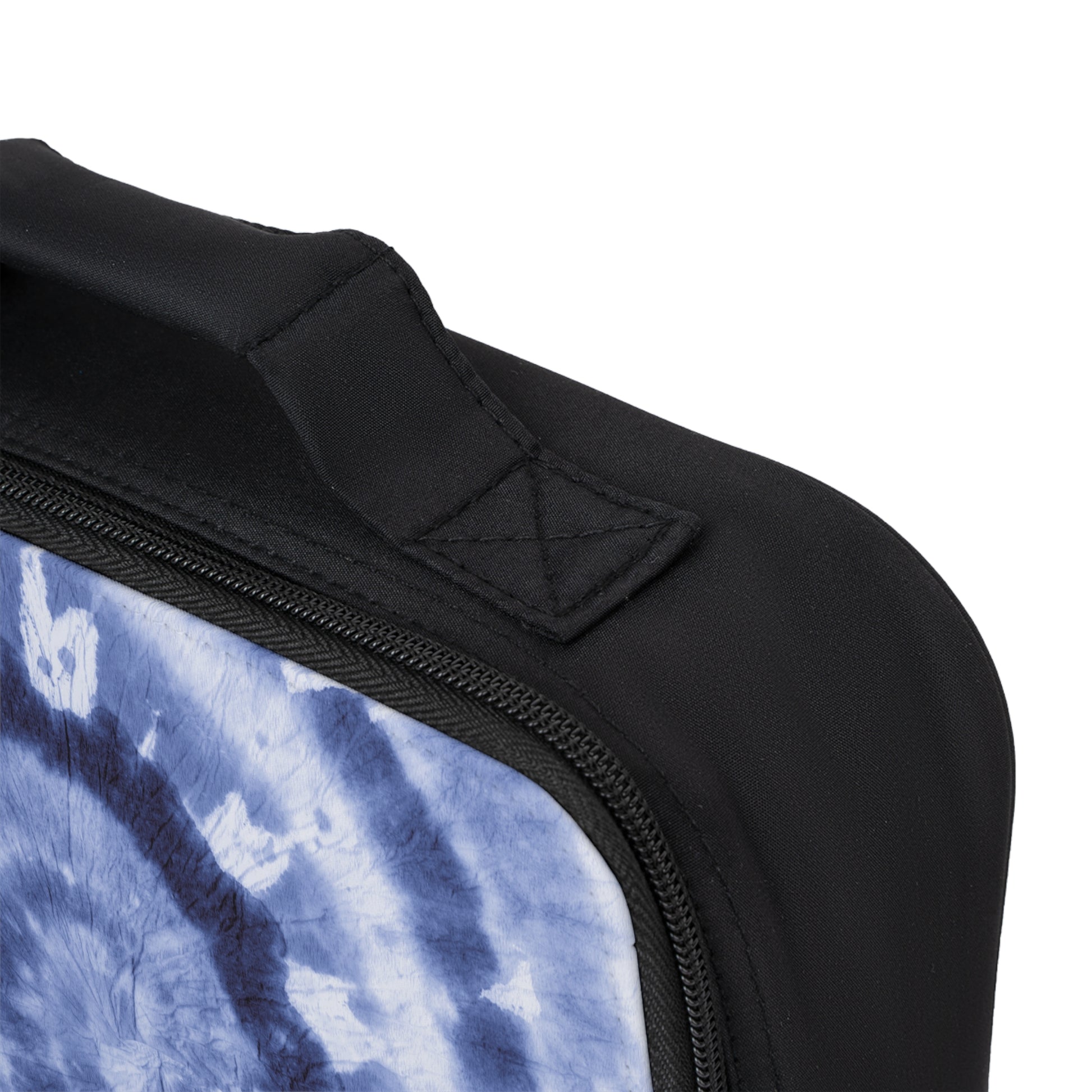 Blue tie-dye swirl insulated lunch bag for kids and teens, customizable with name, initials, or monogram. Perfect for school lunches and snacks, featuring a trendy 1990s-inspired design with easy zip closure and handles.