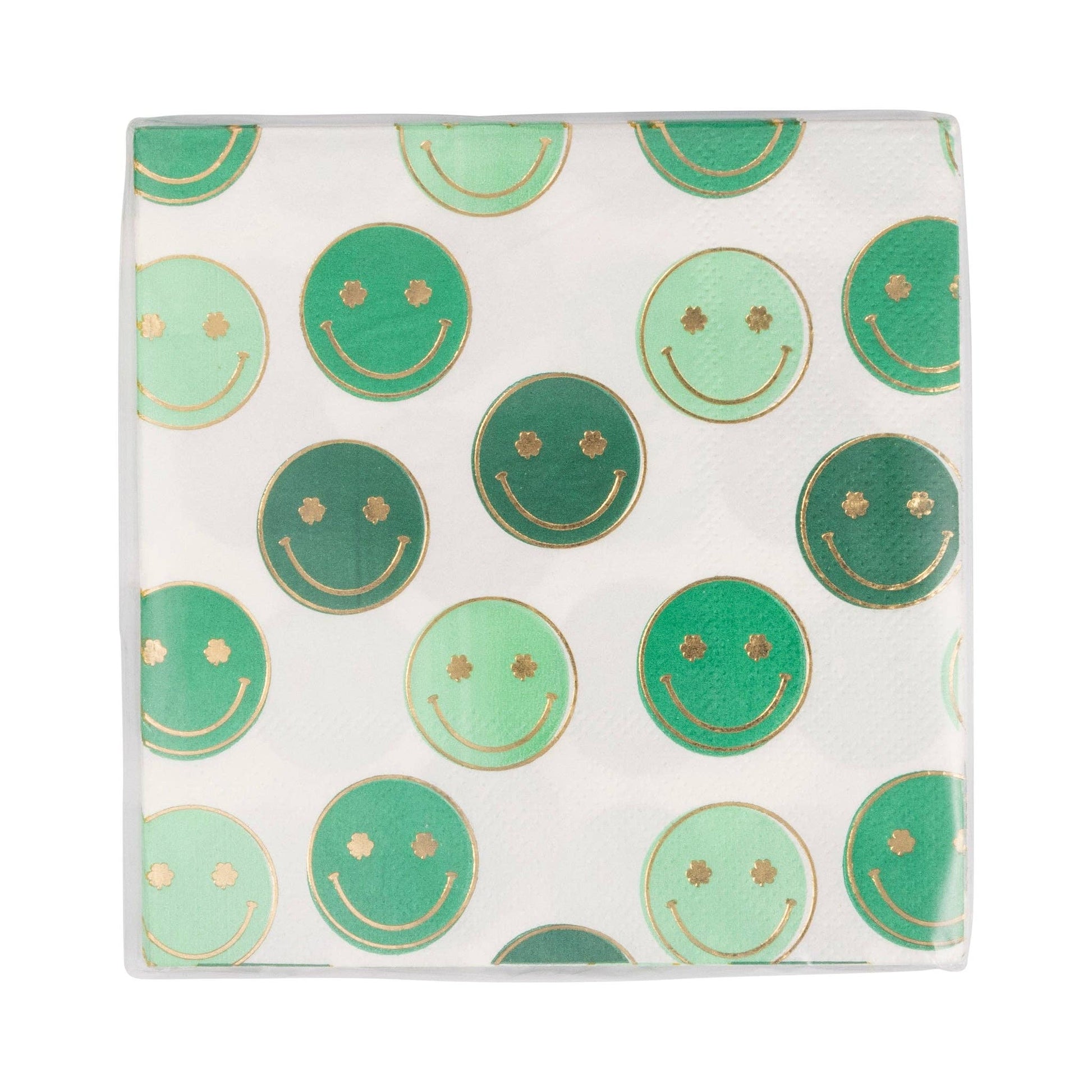 Set of 18 St. Patrick’s Day cocktail napkins – 5"x5" with gold foil smiling shamrocks, festive & fun!