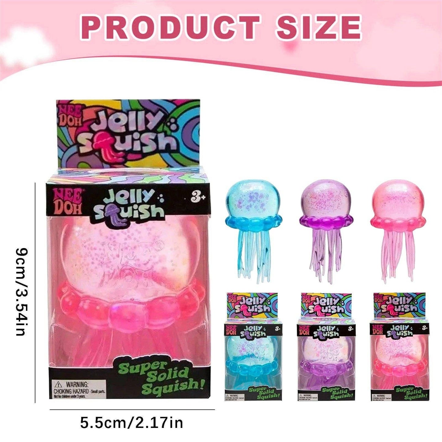 Jelly Squish toy packaging with product size measurement on a pink background