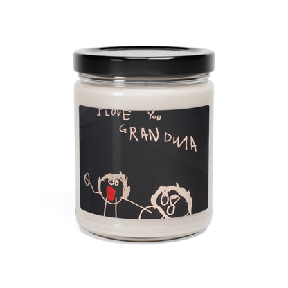 Customizable 9oz scented candle in a glass jar, made with 100% natural soy wax blend and featuring a 100% cotton wick. The candle includes a glossy permanent adhesive label for personalized artwork, available in various aromatic scents and has a burn time of 50-60 hours