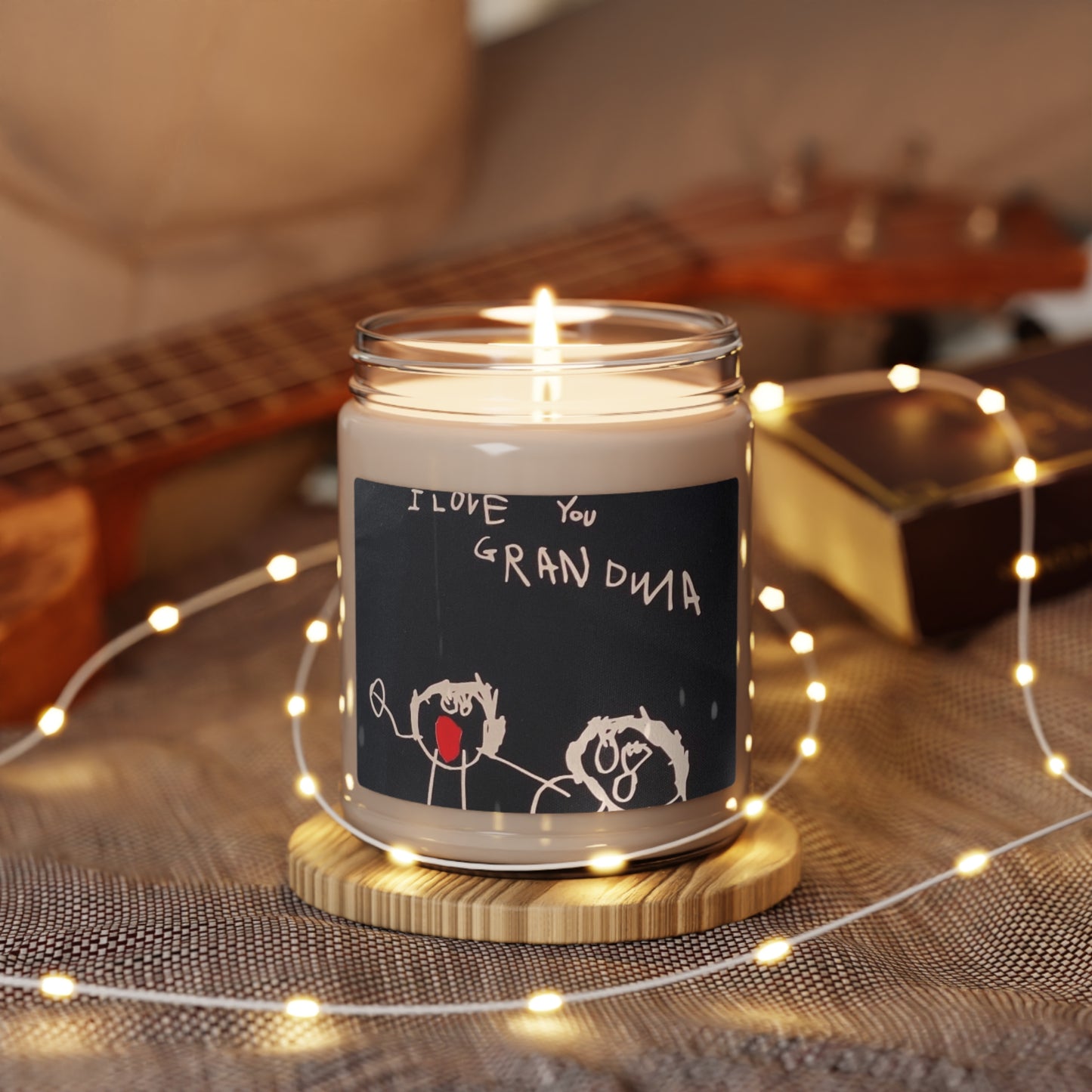 Customizable 9oz scented candle in a glass jar, made with 100% natural soy wax blend and featuring a 100% cotton wick. The candle includes a glossy permanent adhesive label for personalized artwork, available in various aromatic scents and has a burn time of 50-60 hours

