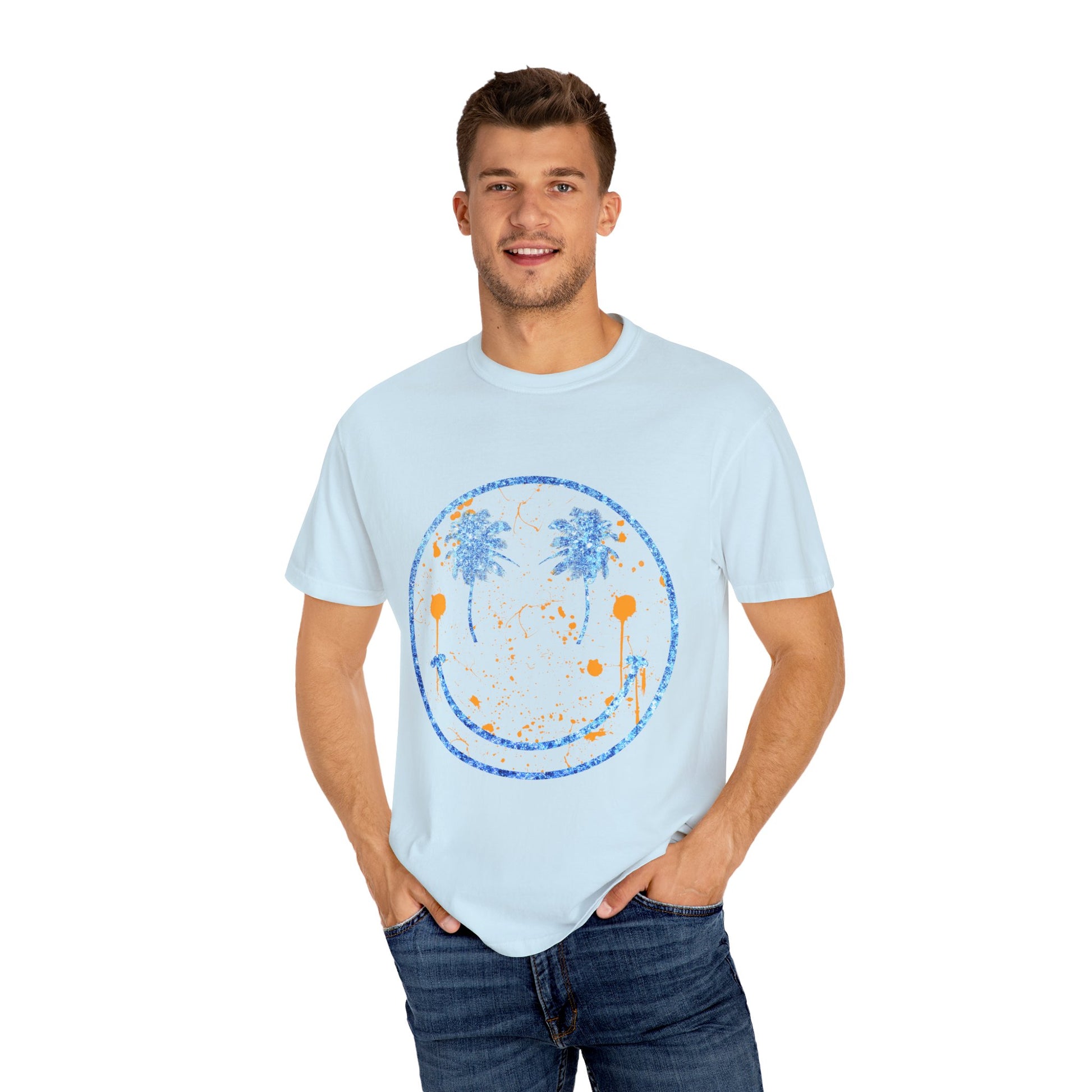 "Embrace summer vibes with our 90s Aesthetic Happy Face Paint Splatter Shirt, featuring a nostalgic design with palm tree eyes. This trendy unisex cotton tee is perfect for beach days, music festivals, and pool parties. Made from soft-washed ring-spun cotton, it offers a comfortable and relaxed fit, ideal for all-day wear. Get ready to shine in this retro-inspired shirt, designed for men, women, and teens!
