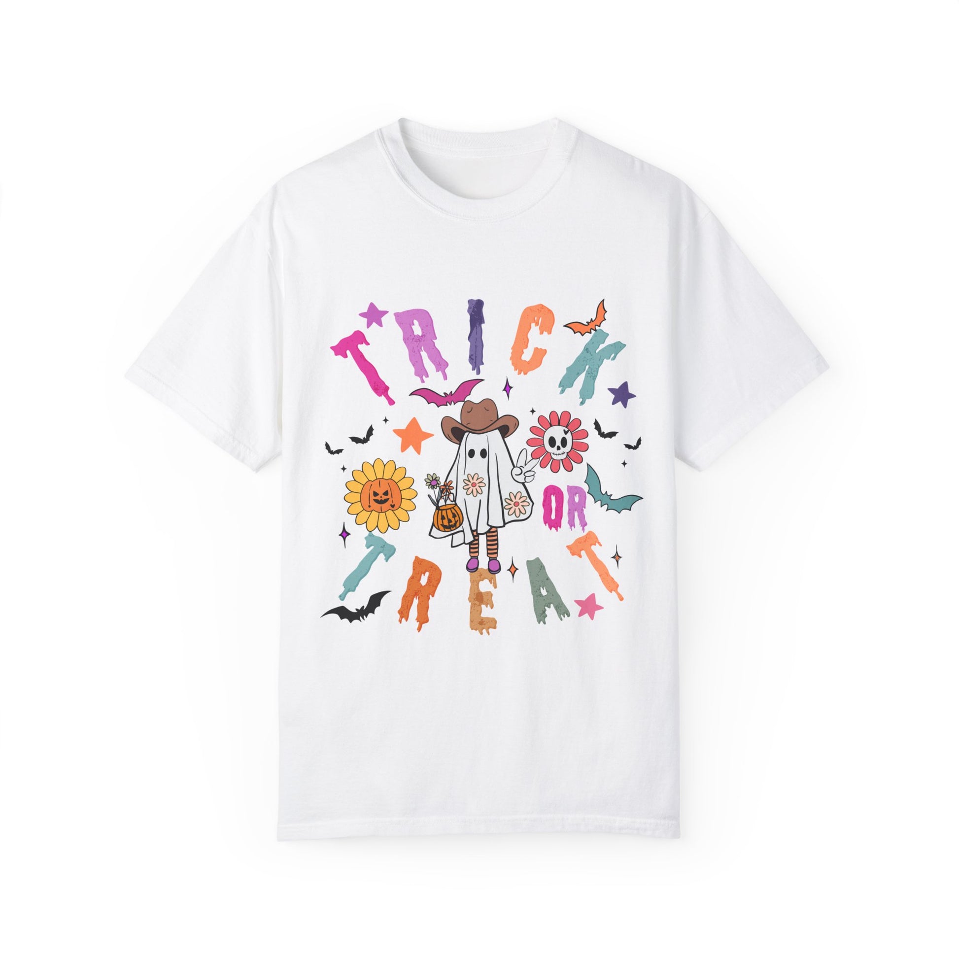 Trick or Treat Cowboy Ghost shirt featuring a playful cowboy ghost design and melty font. Available in unisex sizes S-3XL, this ultra-soft, garment-dyed 100% ring-spun cotton t-shirt is perfect for Halloween celebrations for adults and teens.
