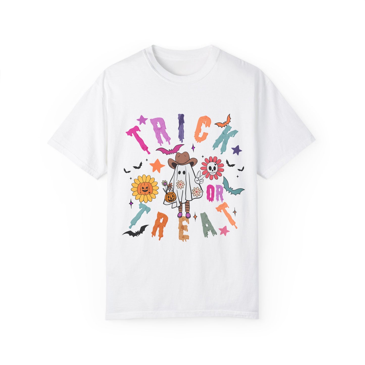 Trick or Treat Cowboy Ghost shirt featuring a playful cowboy ghost design and melty font. Available in unisex sizes S-3XL, this ultra-soft, garment-dyed 100% ring-spun cotton t-shirt is perfect for Halloween celebrations for adults and teens.