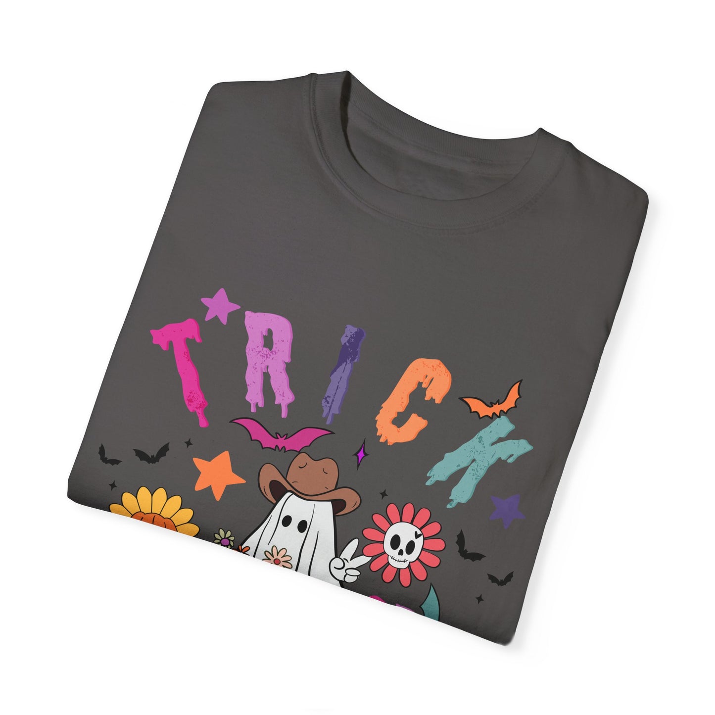 Trick or Treat Cowboy Ghost shirt featuring a playful cowboy ghost design and melty font. Available in unisex sizes S-3XL, this ultra-soft, garment-dyed 100% ring-spun cotton t-shirt is perfect for Halloween celebrations for adults and teens.