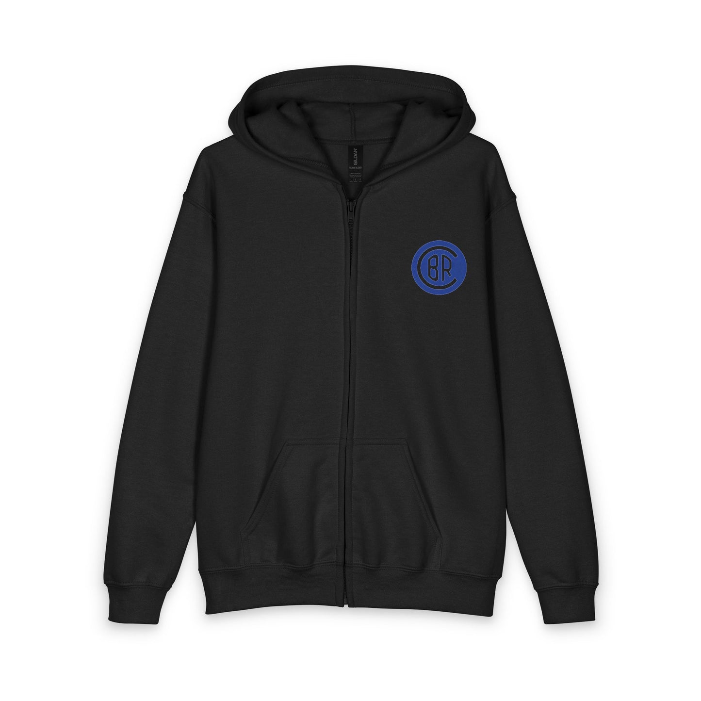 Youth Zip Hoodie with Blue Circular Logo — Kids Black Full‑Zip Hooded Sweatshirt