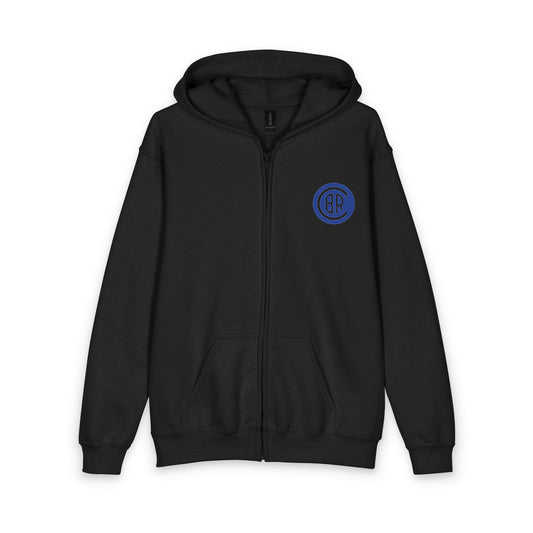 Youth Zip Hoodie with Blue Circular Logo — Kids Black Full‑Zip Hooded Sweatshirt