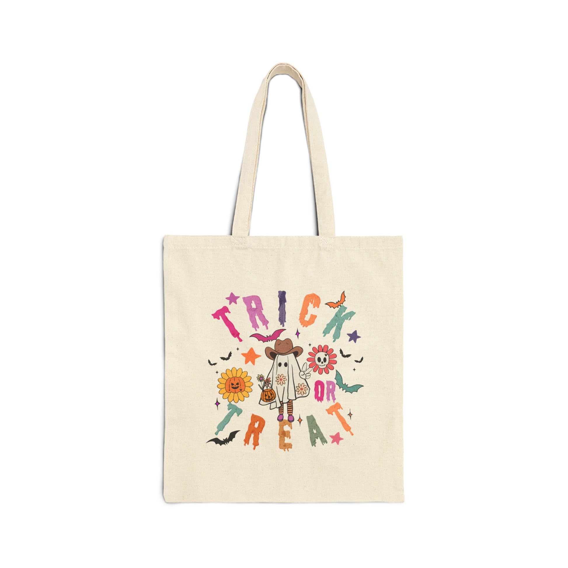 Halloween Cowboy Ghost Trick or Treating bag made from durable natural canvas, featuring a colorful ghost design. This 15" x 16" tote with 20" handles is perfect for kids, teachers, and Halloween lovers to collect candy, carry books, or use as a festive fall bag.