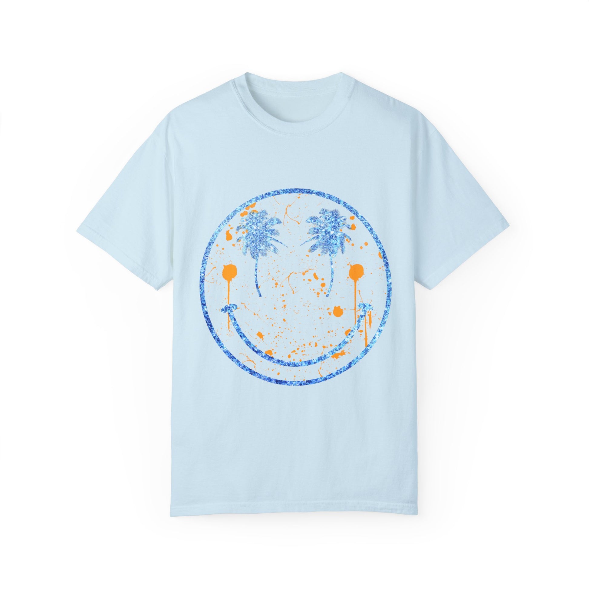 "Embrace summer vibes with our 90s Aesthetic Happy Face Paint Splatter Shirt, featuring a nostalgic design with palm tree eyes. This trendy unisex cotton tee is perfect for beach days, music festivals, and pool parties. Made from soft-washed ring-spun cotton, it offers a comfortable and relaxed fit, ideal for all-day wear. Get ready to shine in this retro-inspired shirt, designed for men, women, and teens!